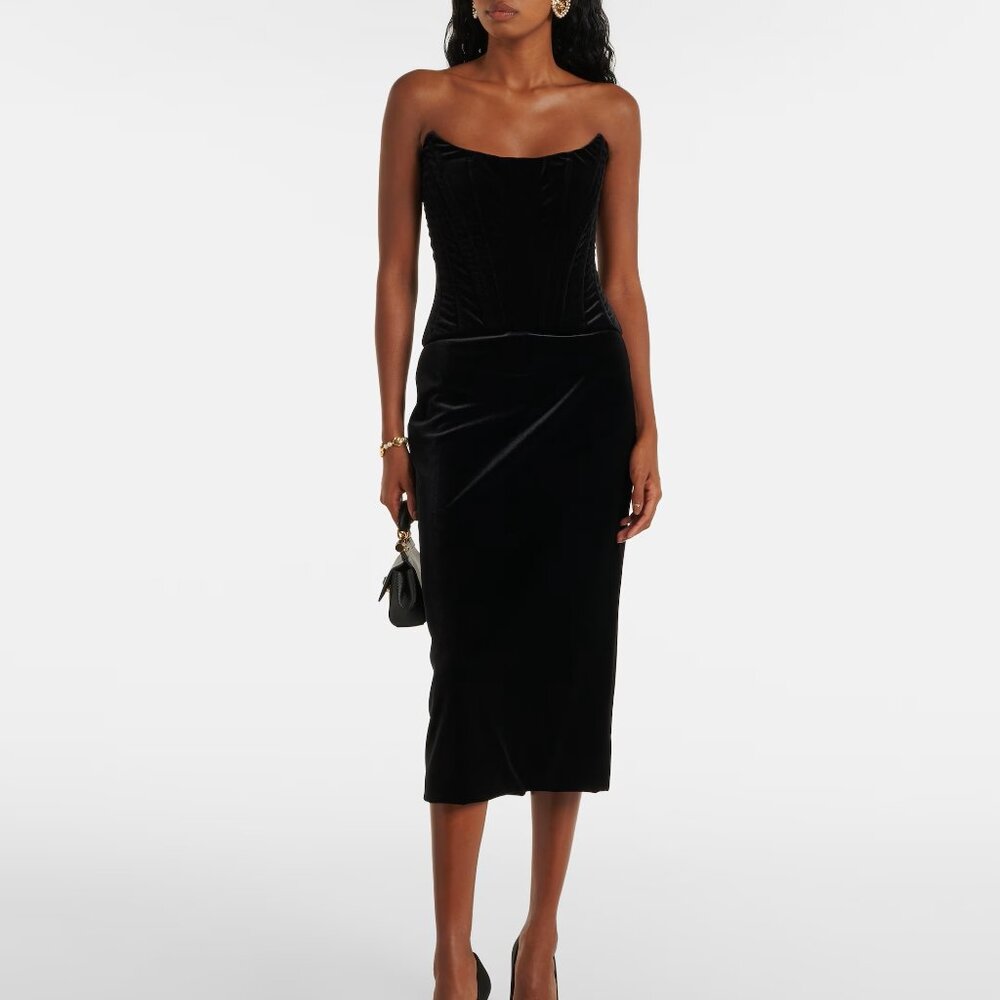 Dolce & Gabbana Velvet Strapless Corset Midi Dress, Black, Size IT 40 / US 4